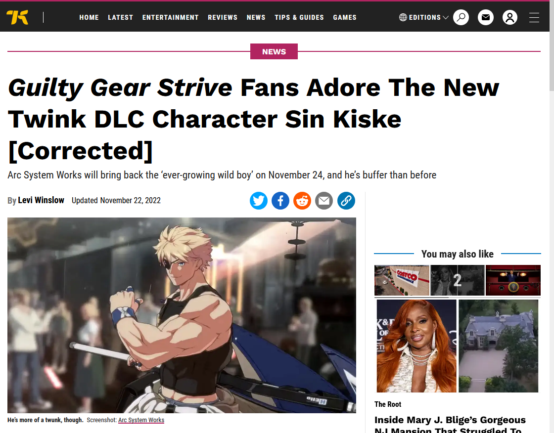 If we combine what guilty gear fans think is a twink with what genshin impact players think is a hunk, we might achieve a normal human. A screenshot of a Kotaku article titled "Guilty Gear Strive Fans adore the new Twink DLC Character Sin Kiske", with the subtitle of "Arc System Works will bring back the ever-growing wild boy on November 24, and he's buffer than ever before". Pictured below is a very muscular character with an eyepatch, holding a flag.